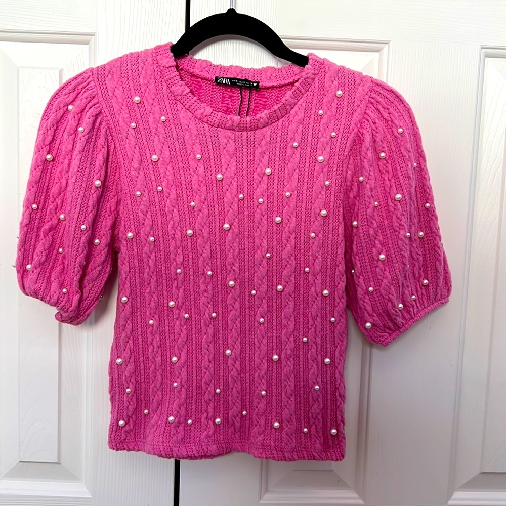 Zara Sweaters pink with  Pearl Large Cable Knit Puff Sleeve Sweater